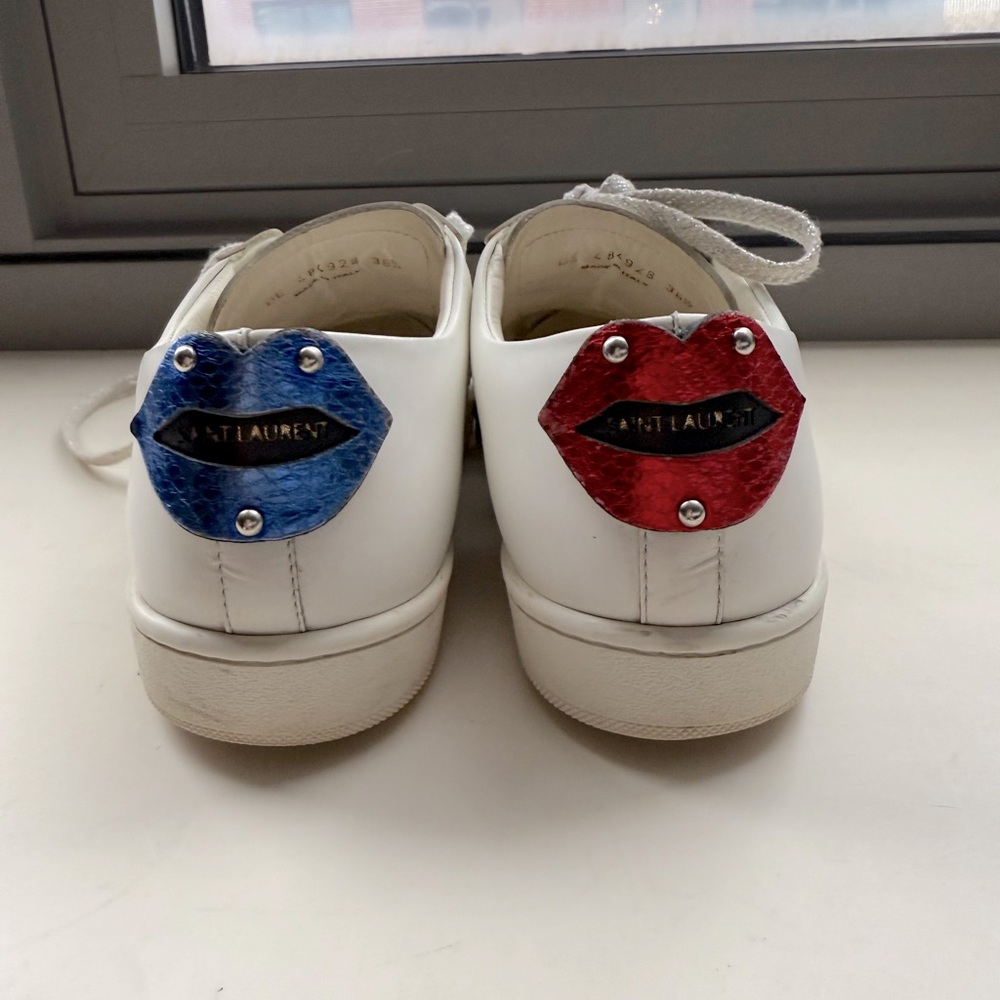 Saint Laurent White Sneakers with Red and Blue Lips Size 8.5